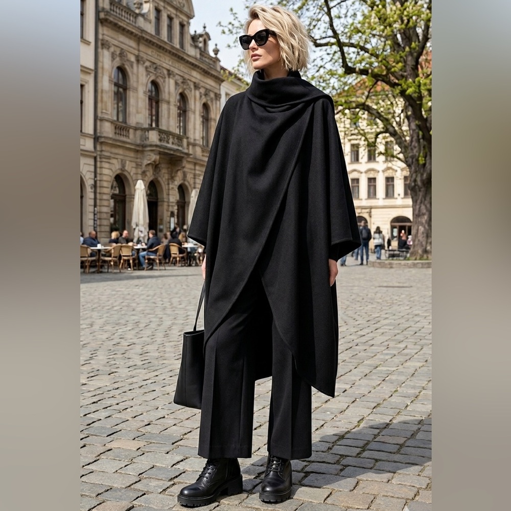 GEMINI Wool Cape One Size Elegant Black Single Layer GUC